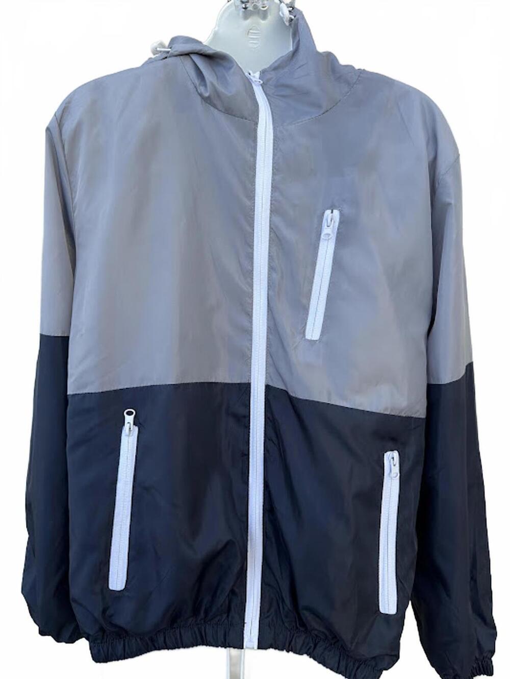 Gray Navy Colorblock Hooded Windbreaker Jacket M